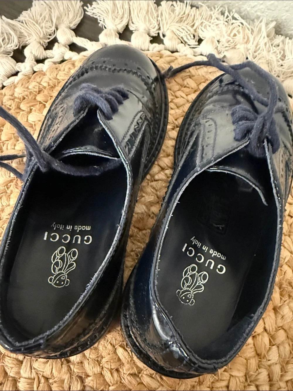 Gucci Kids BLack Patent Leather Wingtip Brogue Lace Up Shoes Size EU 27 US 10.5